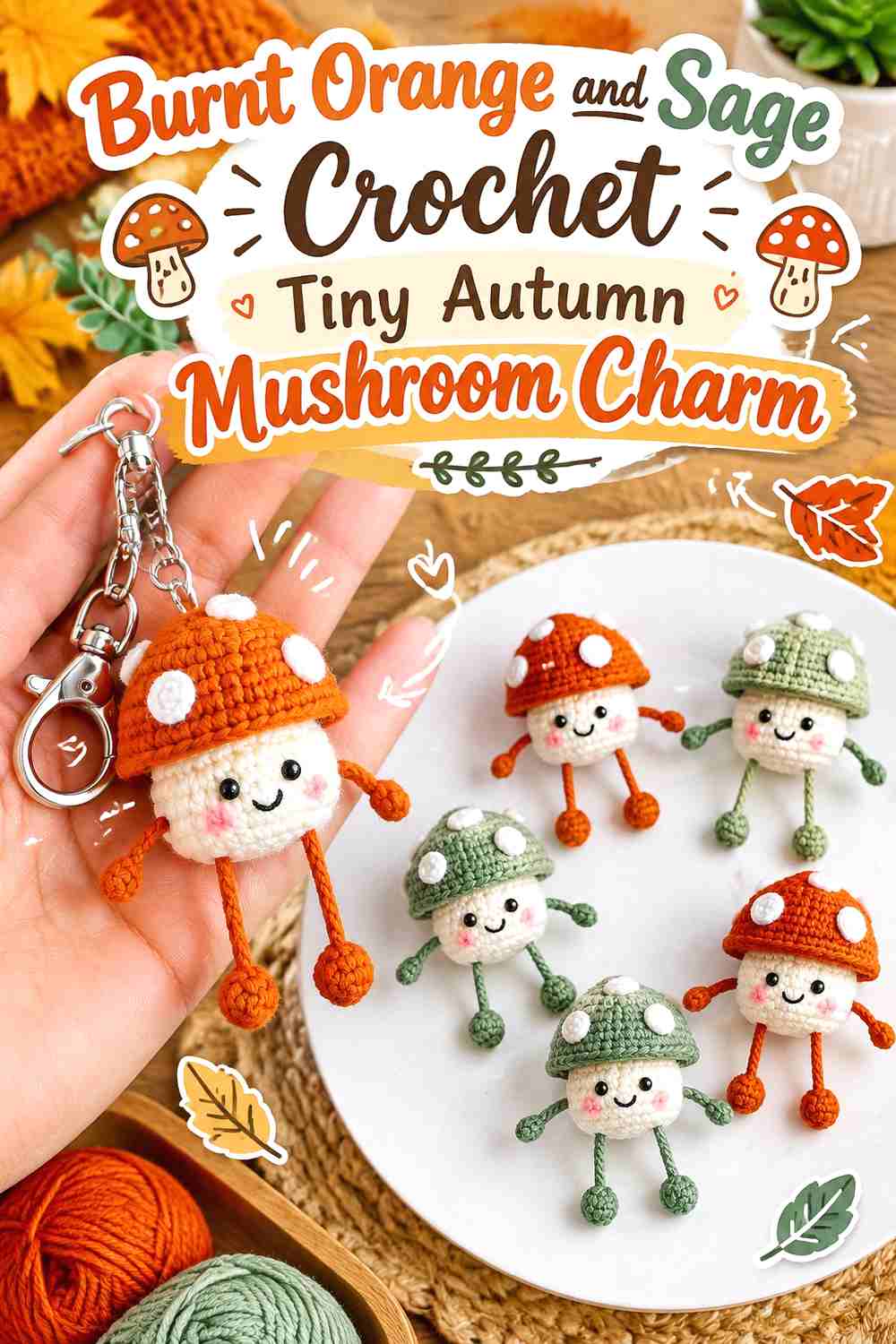 9. Burnt Orange And Sage Crochet Tiny Autumn Mushroom Charm