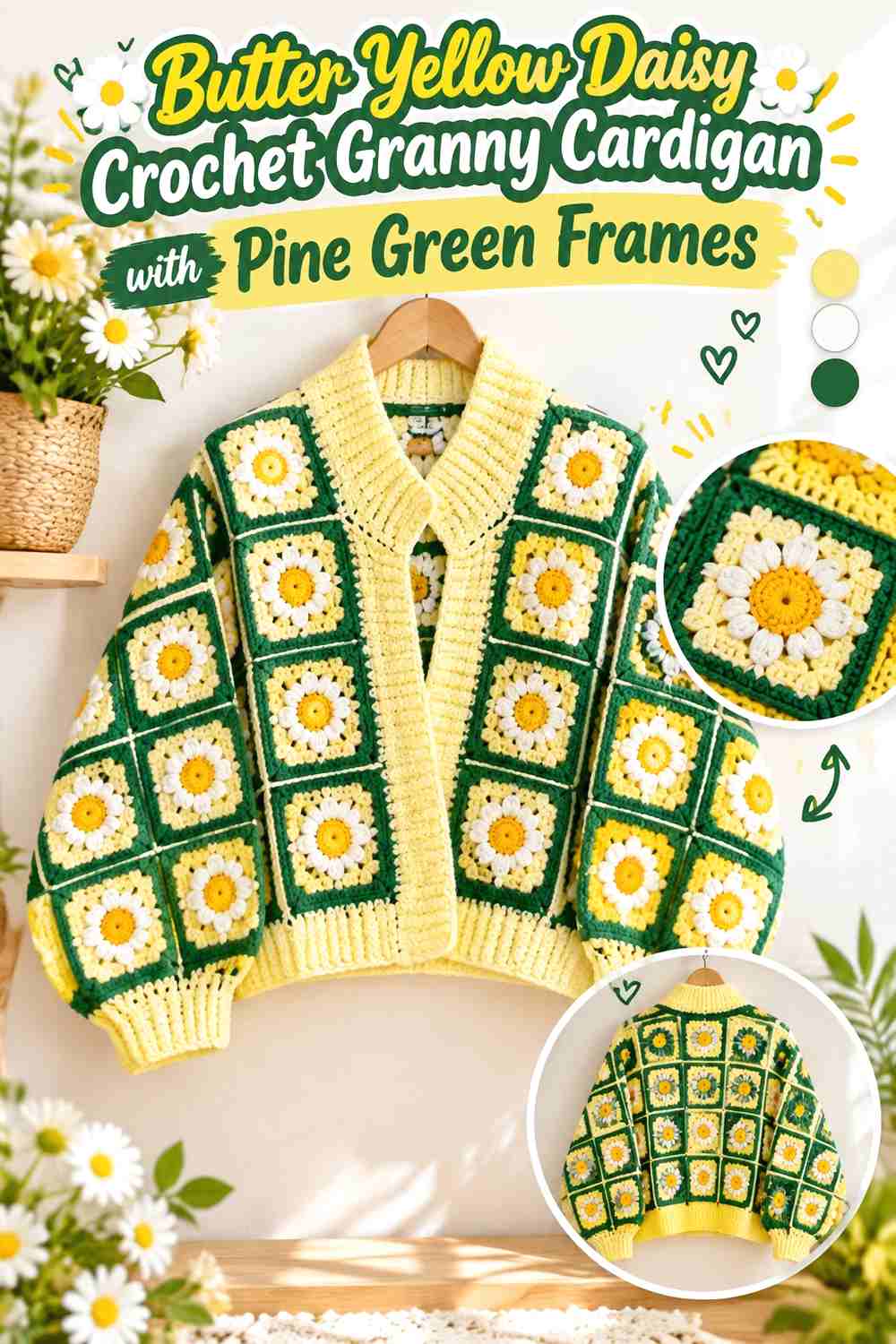 4. Butter Yellow Daisy Crochet Granny Cardigan with Pine Green Frames