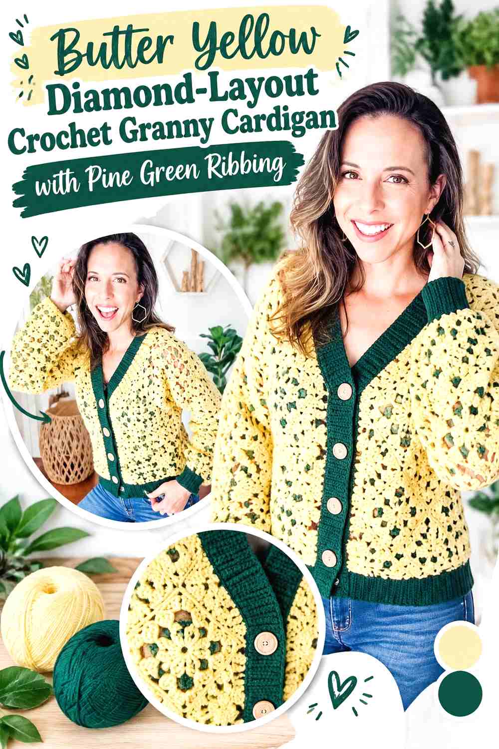 8. Butter Yellow Diamond-Layout Crochet Granny Cardigan with Pine Green Ribbing