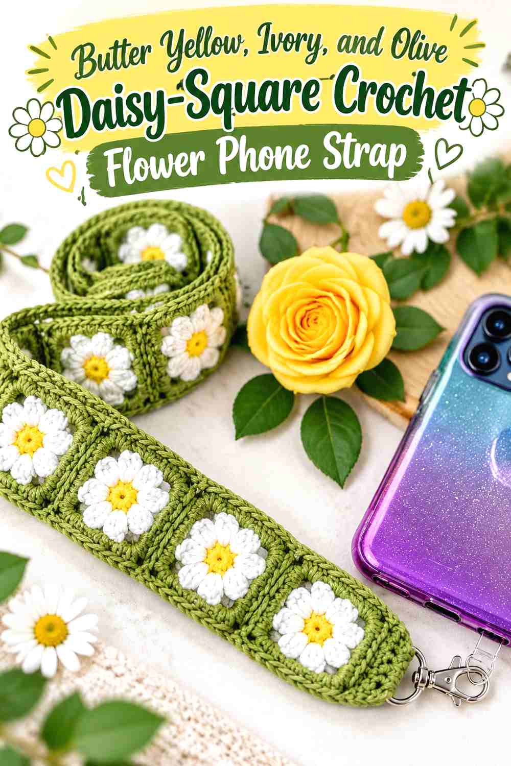 1. Butter Yellow Ivory And Olive Daisy Square Crochet Flower Phone Strap