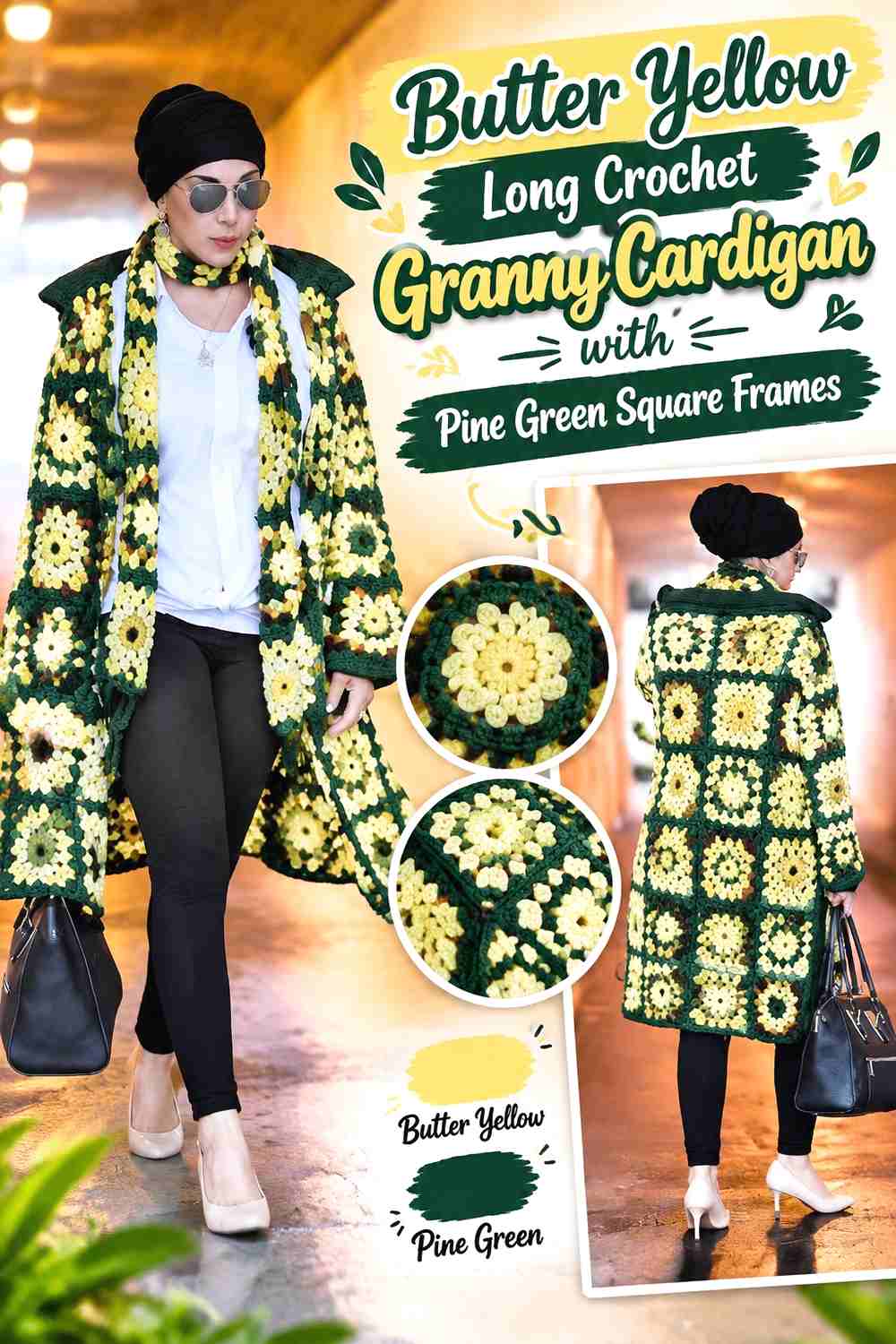 13. Butter Yellow Long Crochet Granny Cardigan with Pine Green Square Frames