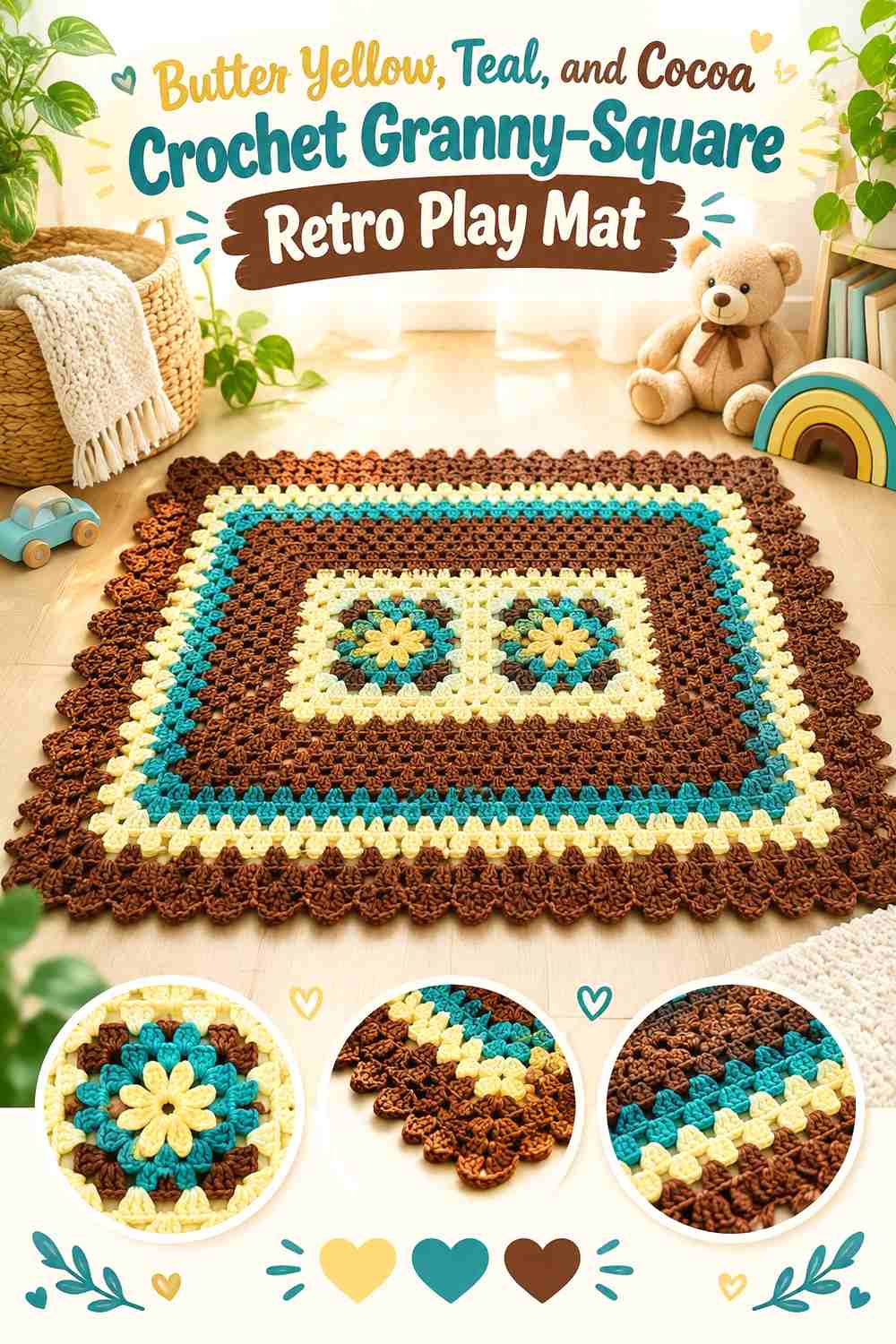 5. Butter Yellow, Teal, and Cocoa Crochet Granny-Square Retro Play Mat