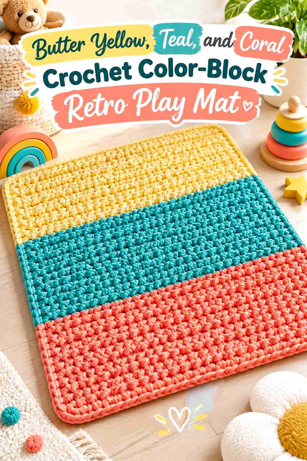 4. Butter Yellow, Teal, and Coral Crochet Color-Block Retro Play Mat