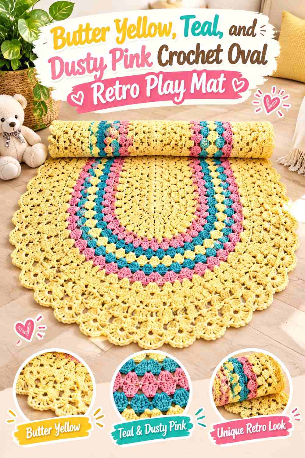 8. Butter Yellow, Teal, and Dusty Pink Crochet Oval Retro Play Mat