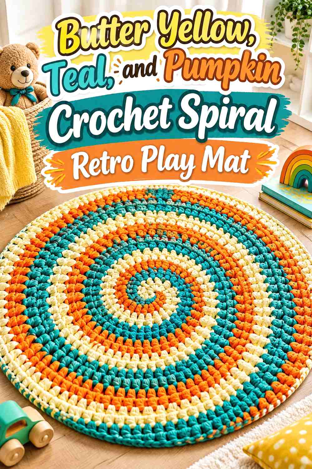 12. Butter Yellow, Teal, and Pumpkin Crochet Spiral Retro Play Mat