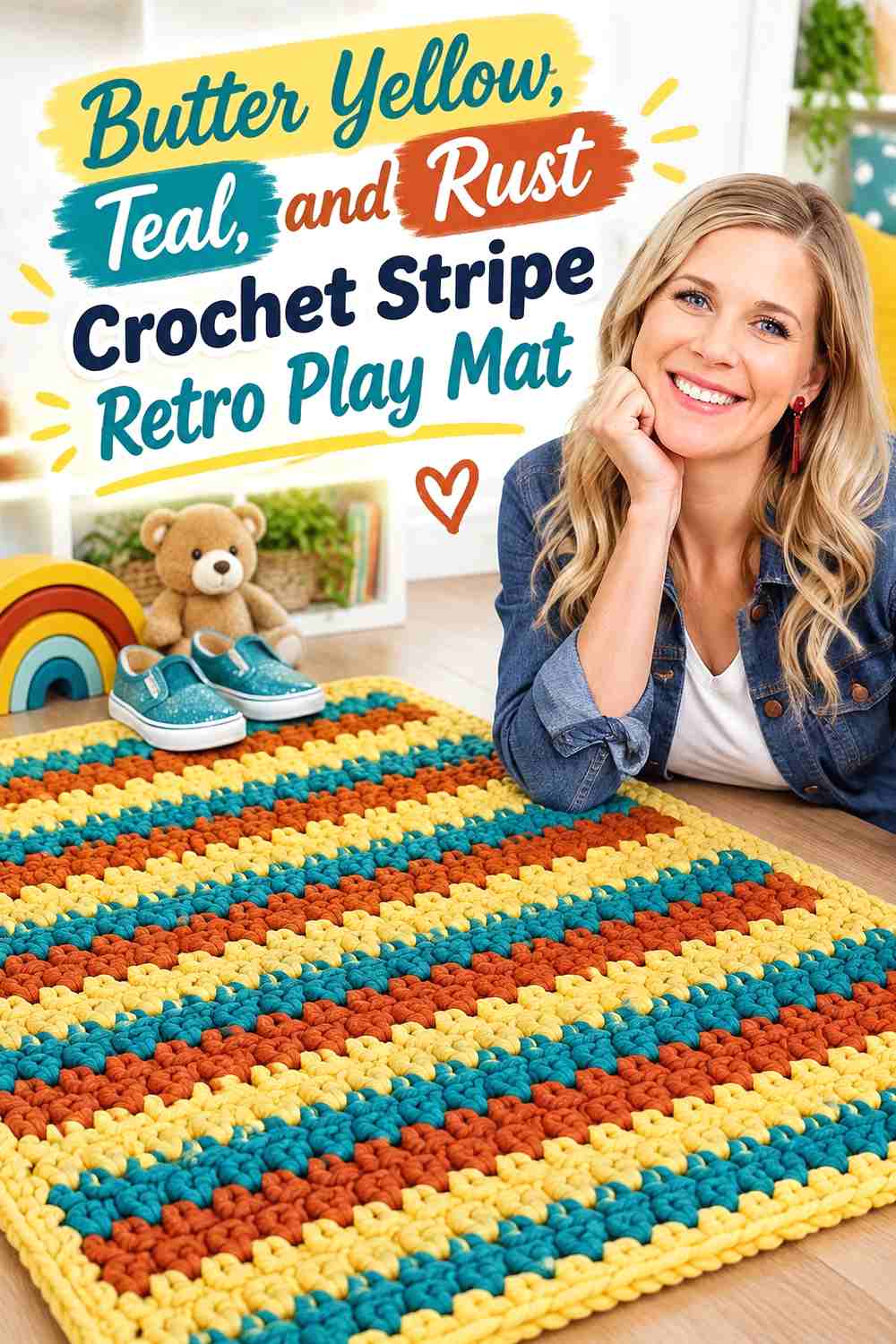 2. Butter Yellow, Teal, and Rust Crochet Stripe Retro Play Mat