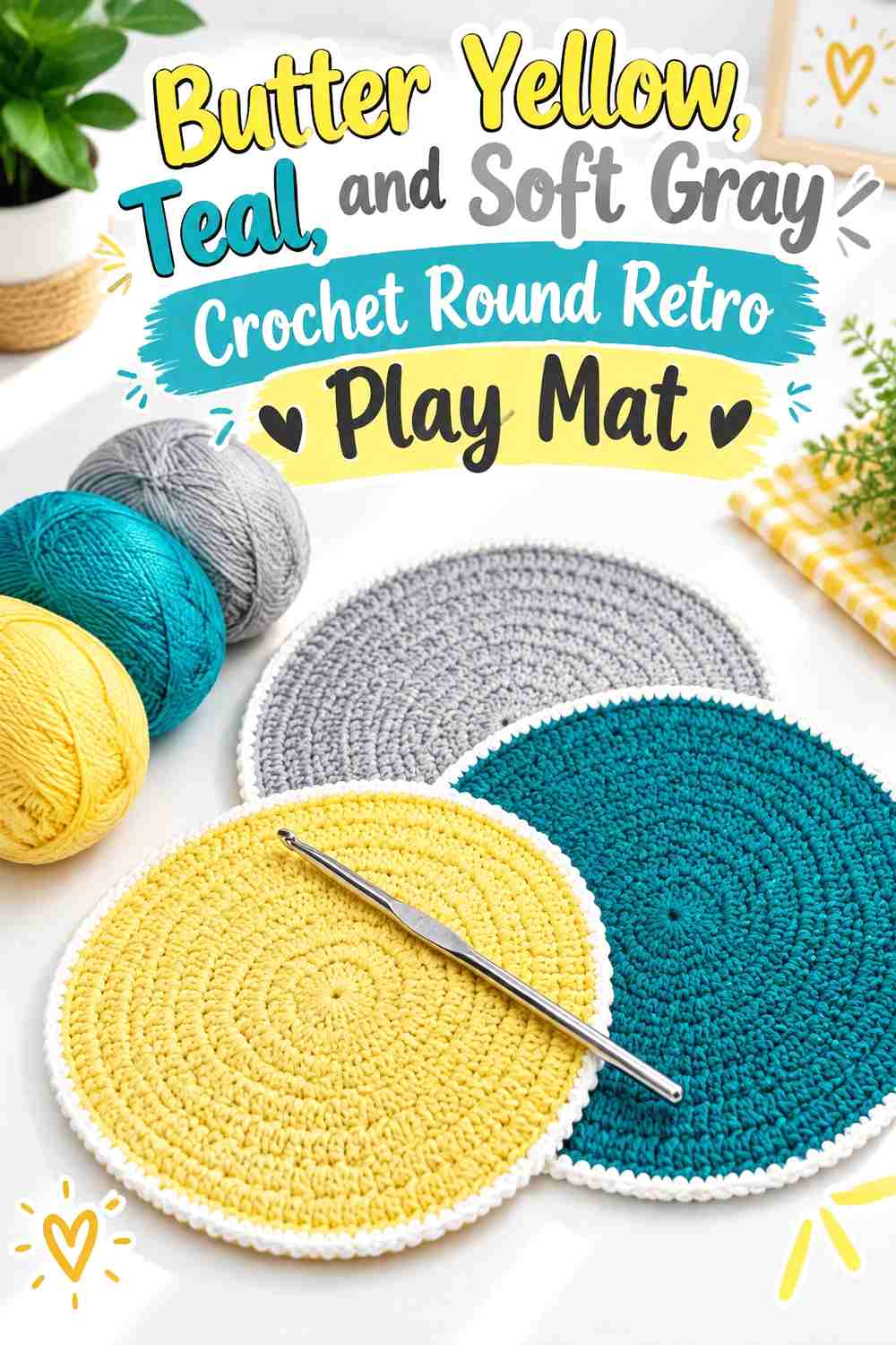 15. Butter Yellow, Teal, and Soft Gray Crochet Round Retro Play Mat