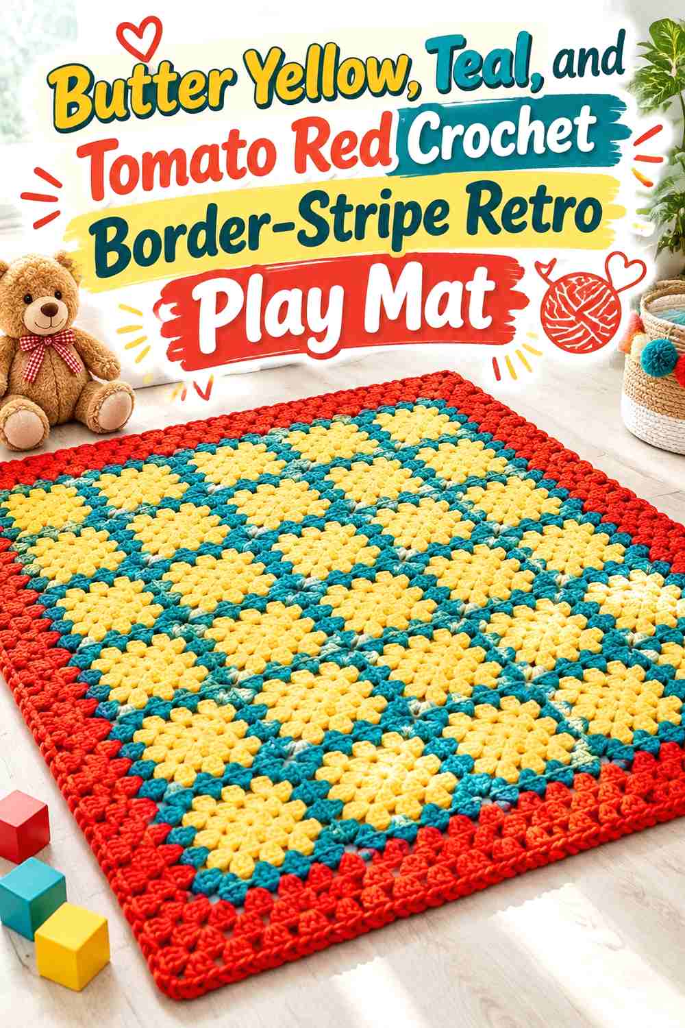 10. Butter Yellow, Teal, and Tomato Red Crochet Border-Stripe Retro Play Mat