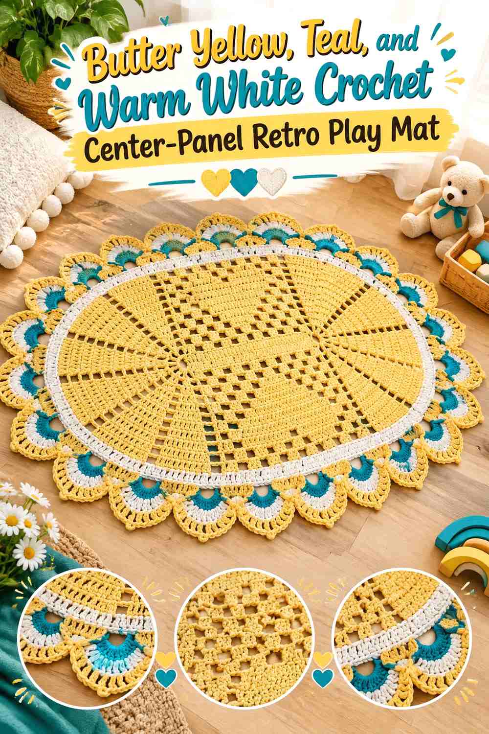 11. Butter Yellow, Teal, and Warm White Crochet Center-Panel Retro Play Mat