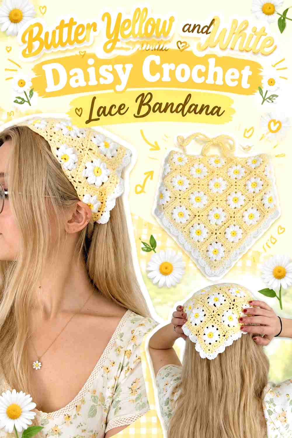 5. Butter Yellow And White Daisy Crochet Lace Bandana