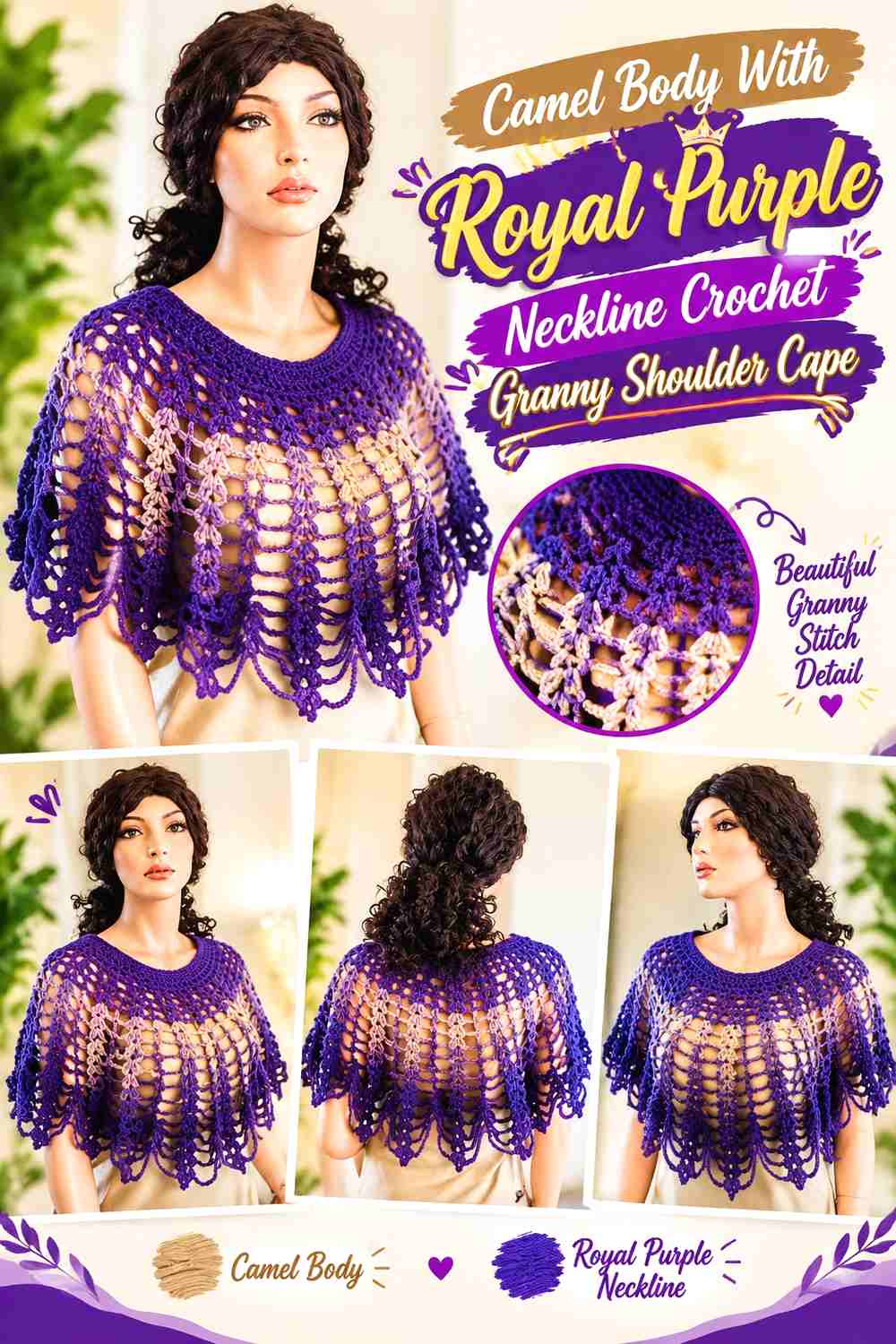 15. Camel Body With Royal Purple Neckline Crochet Granny Shoulder Cape