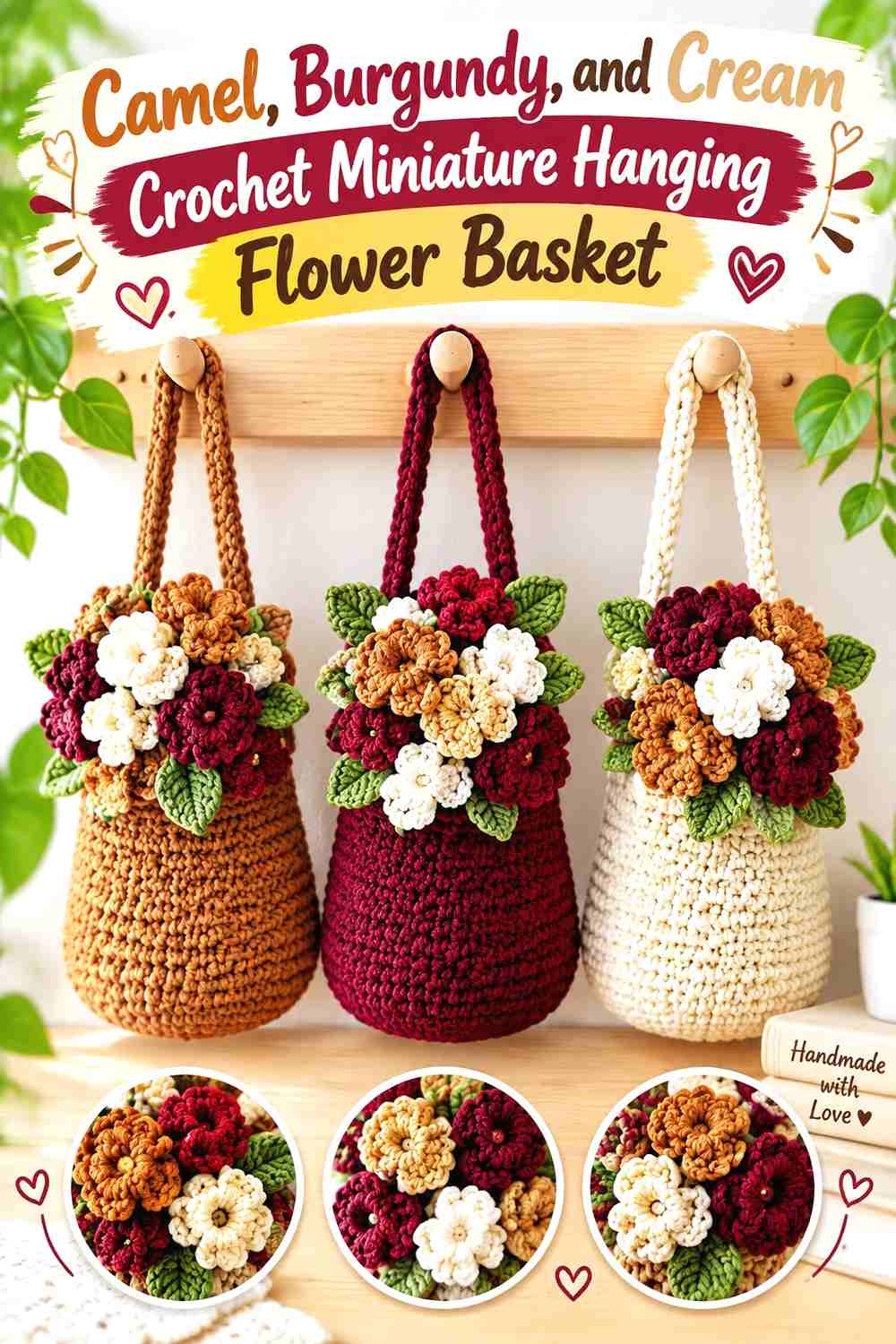 11. Camel Burgundy And Cream Crochet Miniature Hanging Flower Basket