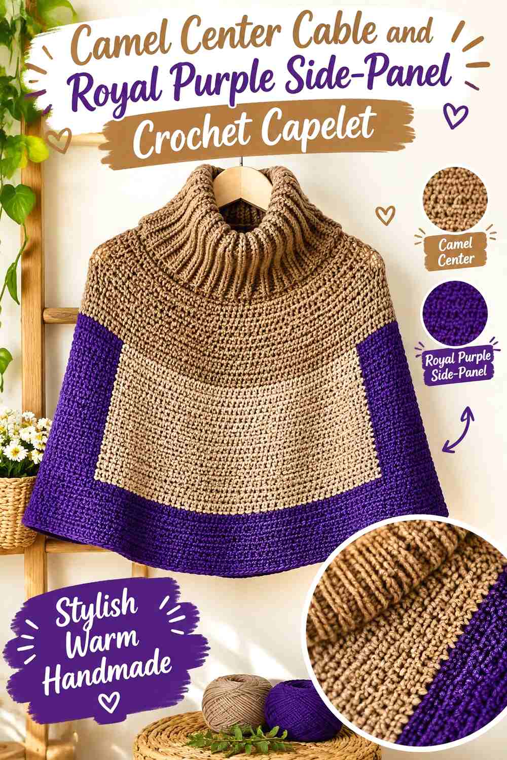 6. Camel Center Cable and Royal Purple Side-Panel Crochet Capelet