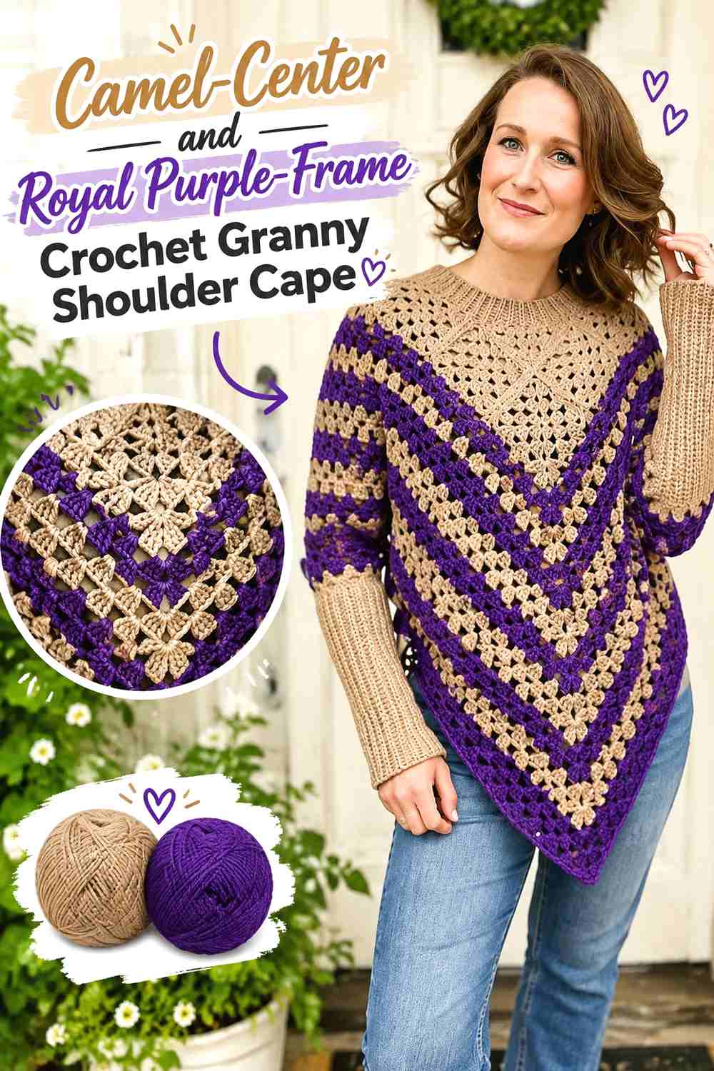 5. Camel-Center and Royal Purple-Frame Crochet Granny Shoulder Cape