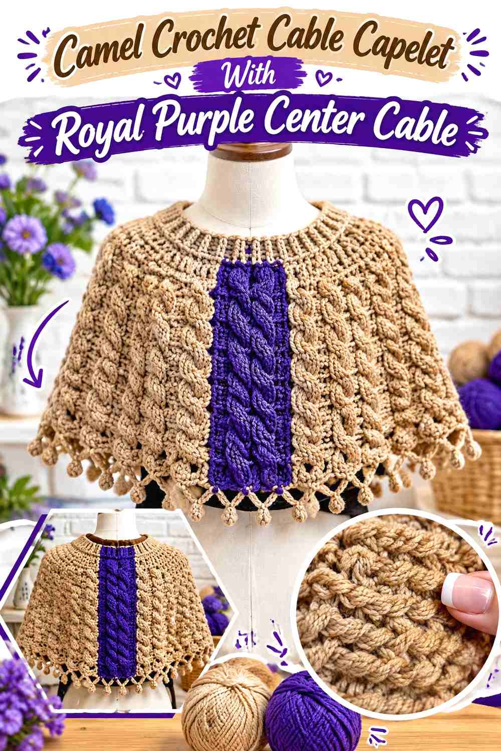 2. Camel Crochet Cable Capelet With Royal Purple Center Cable
