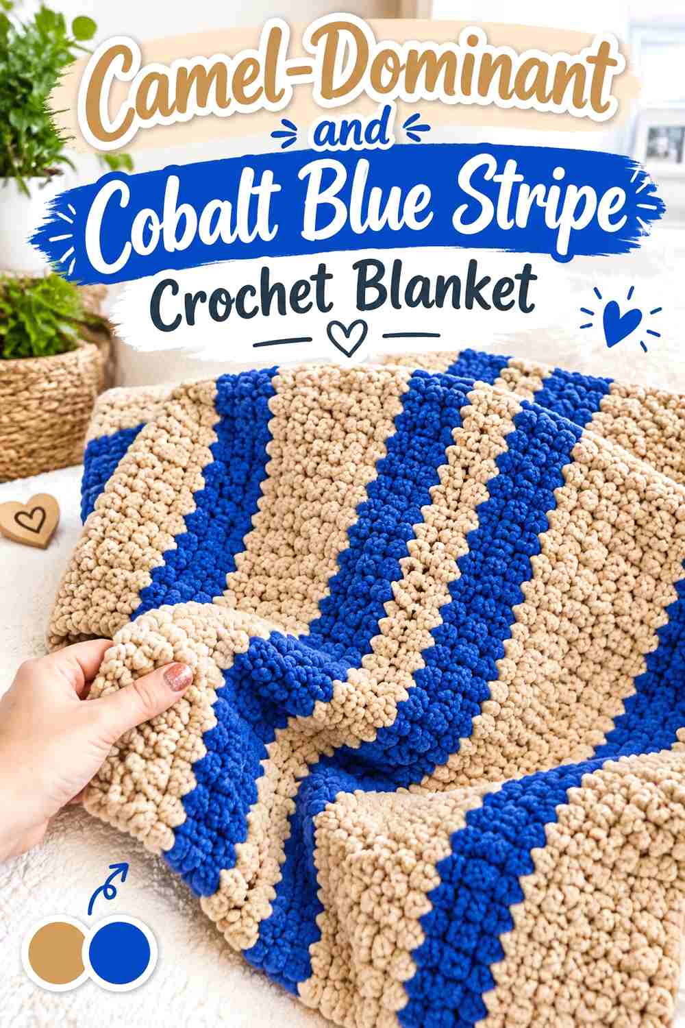 1. Camel Dominant And Cobalt Blue Stripe Crochet Blanket