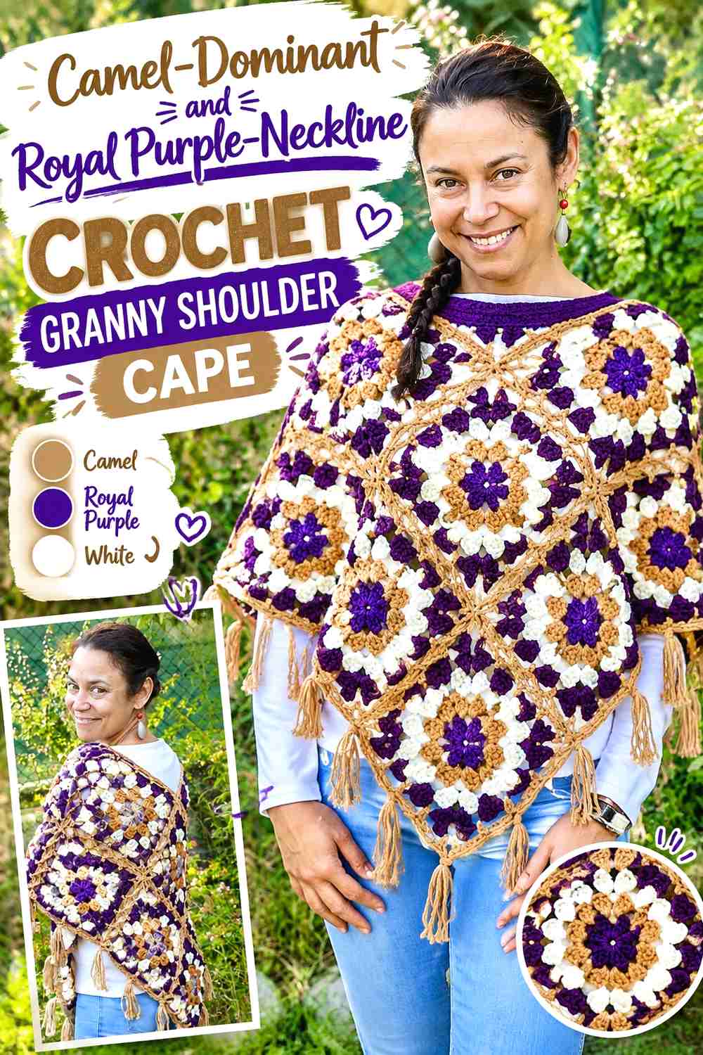 2. Camel-Dominant and Royal Purple-Neckline Crochet Granny Shoulder Cape