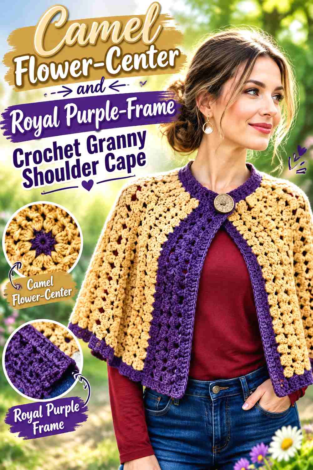 14. Camel Flower-Center and Royal Purple-Frame Crochet Granny Shoulder Cape