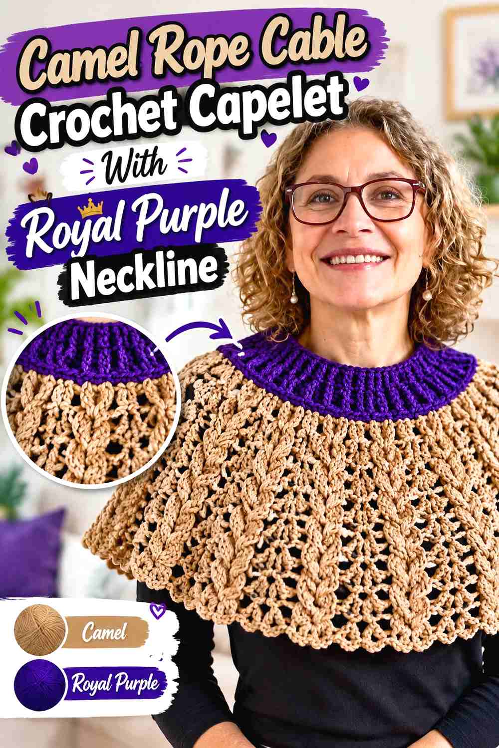 8. Camel Rope Cable Crochet Capelet With Royal Purple Neckline