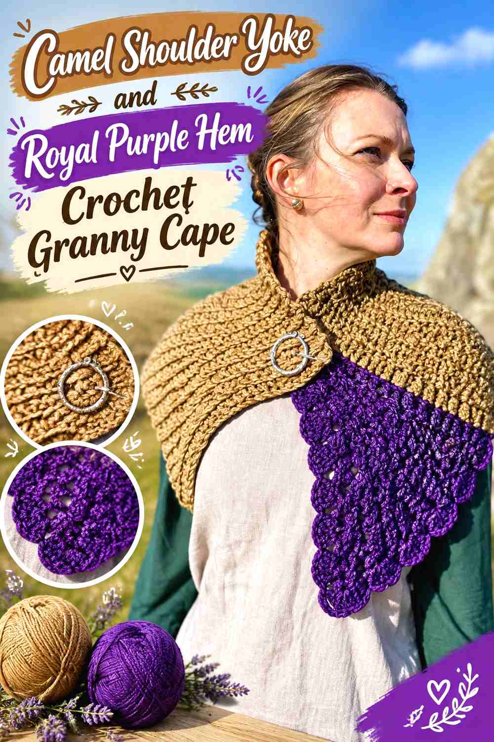 9. Camel Shoulder Yoke and Royal Purple Hem Crochet Granny Cape