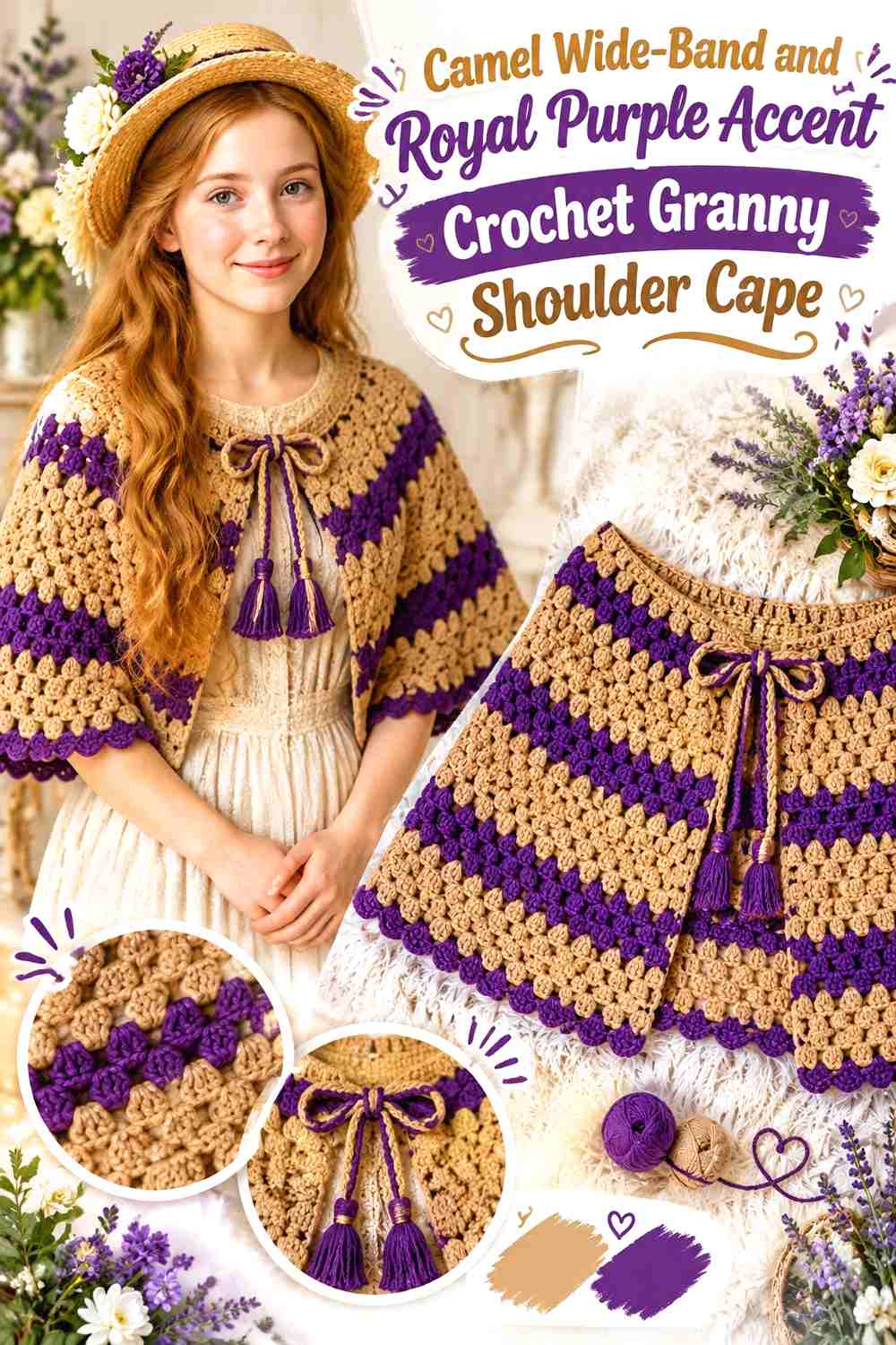 12. Camel Wide-Band and Royal Purple Accent Crochet Granny Shoulder Cape