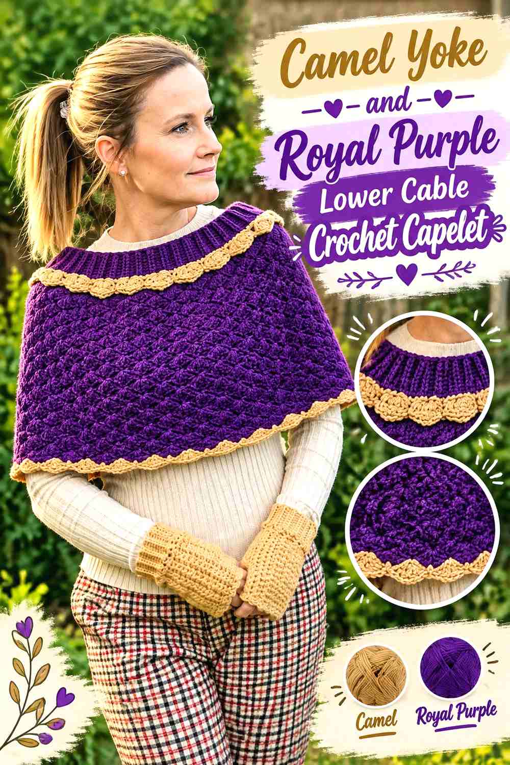 4. Camel Yoke and Royal Purple Lower Cable Crochet Capelet