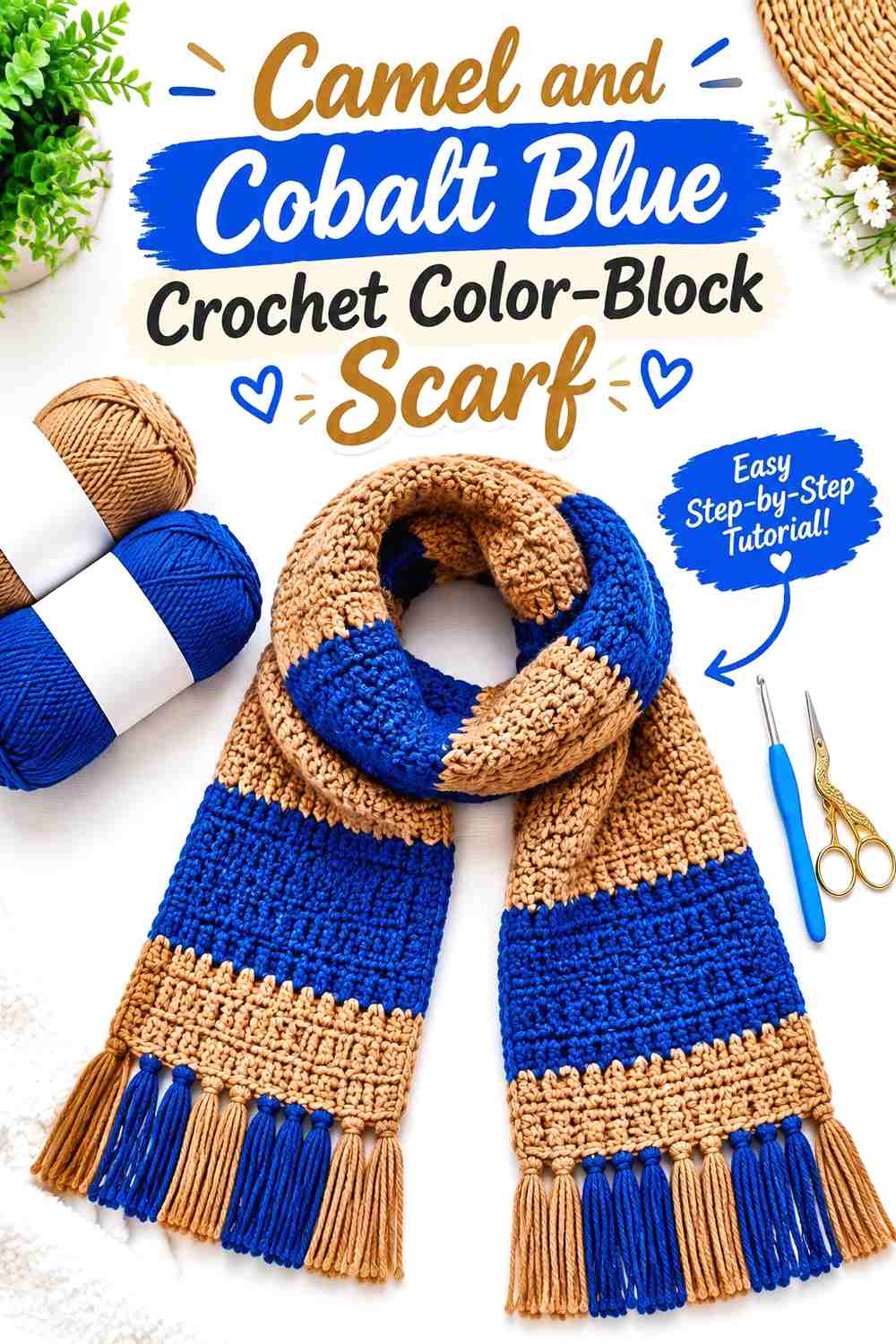 5. Camel And Cobalt Blue Crochet Color Block Scarf