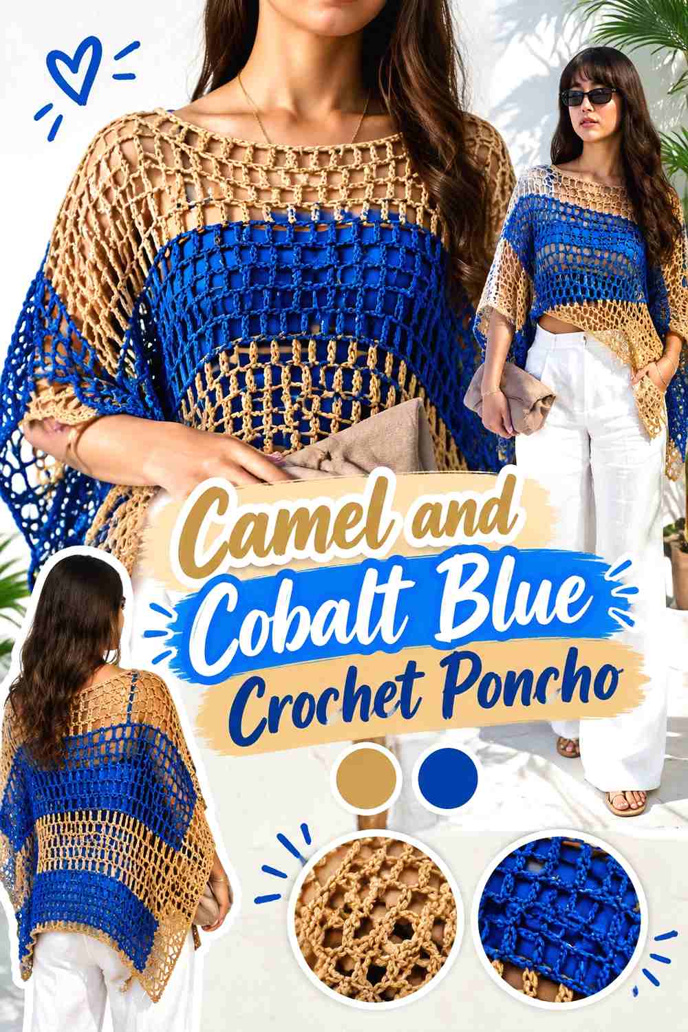 10. Camel And Cobalt Blue Crochet Poncho