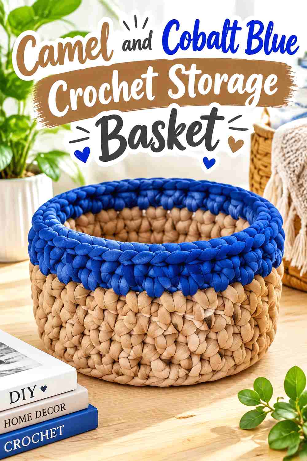 8. Camel And Cobalt Blue Crochet Storage Basket