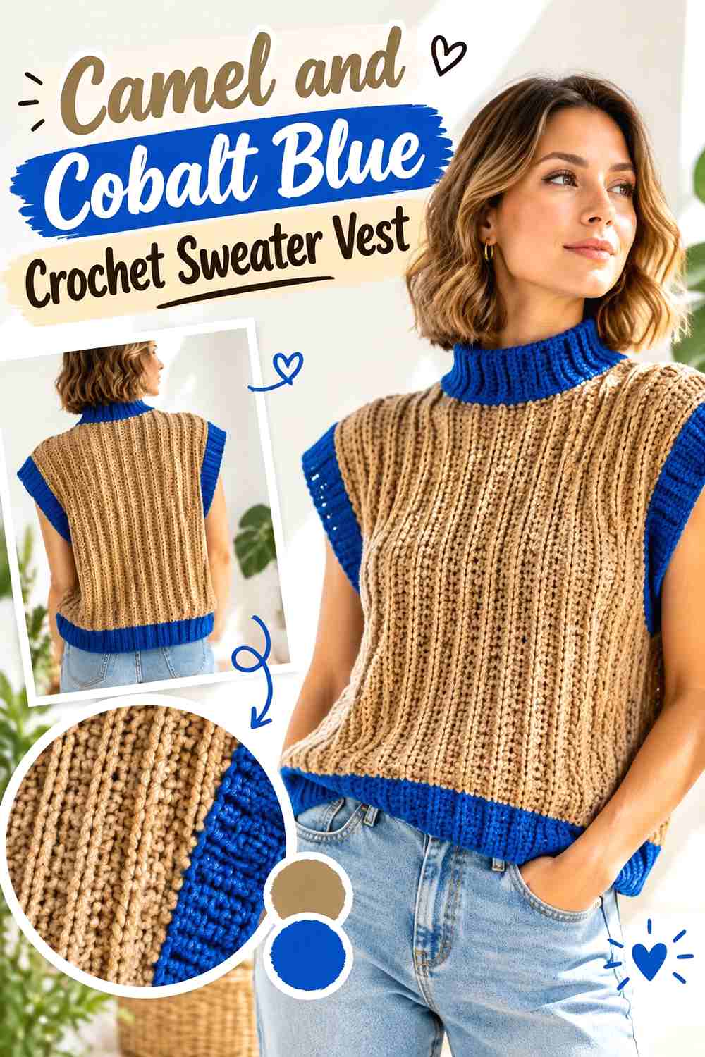 7. Camel And Cobalt Blue Crochet Sweater Vest