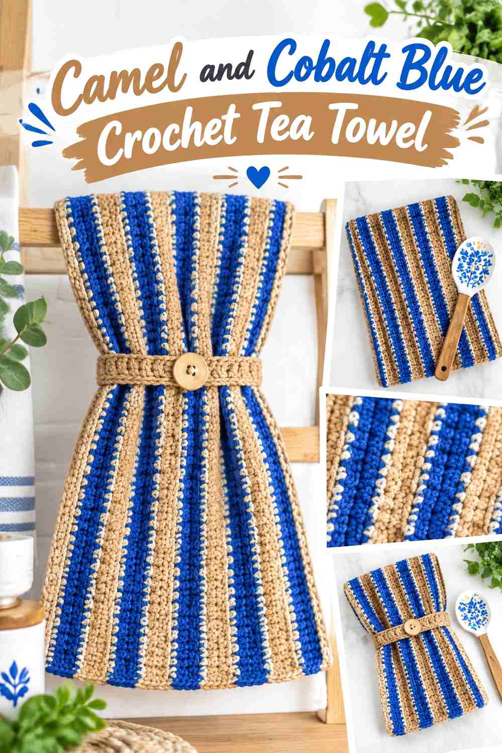 12. Camel And Cobalt Blue Crochet Tea Towel