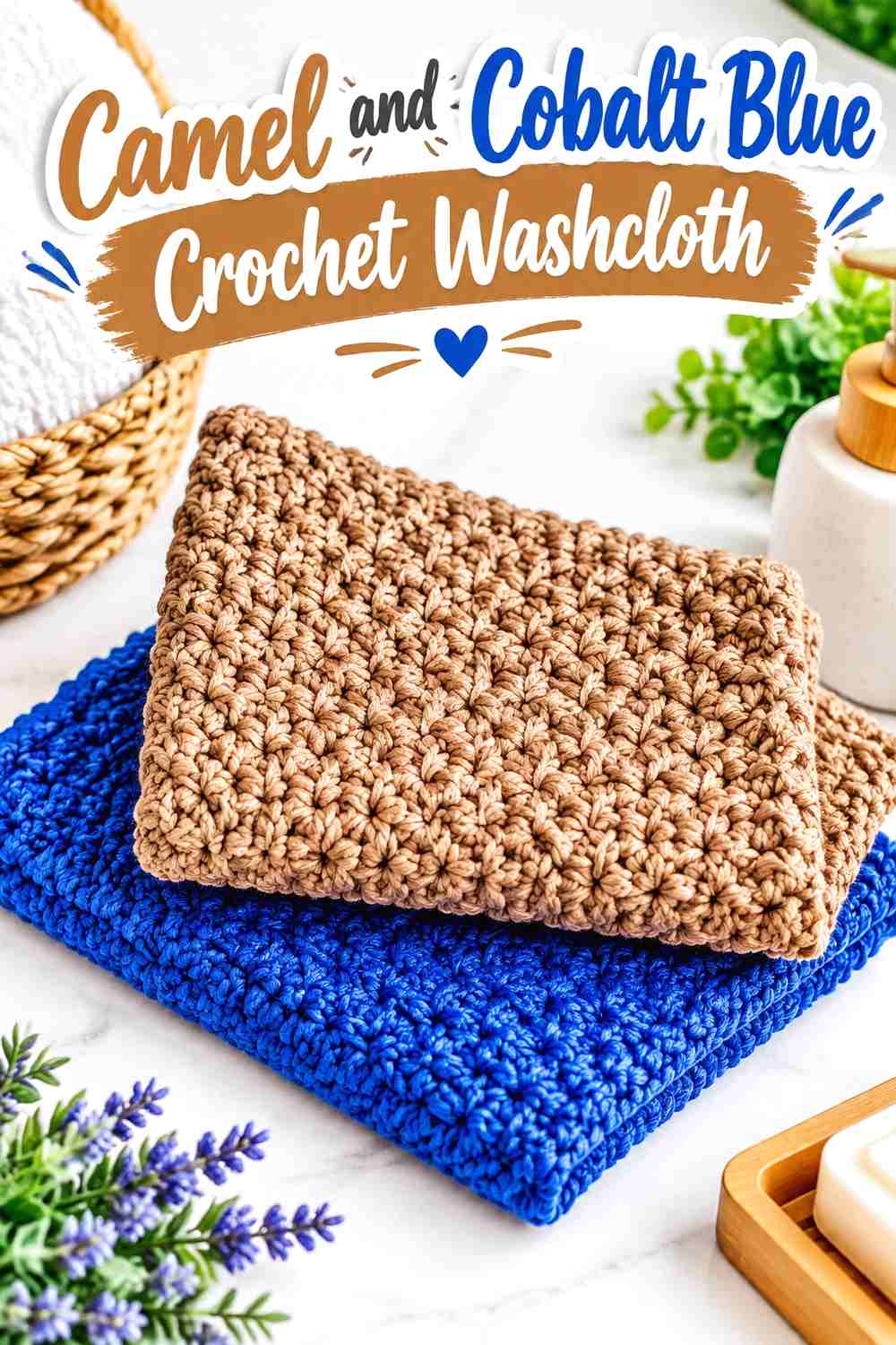11. Camel And Cobalt Blue Crochet Washcloth