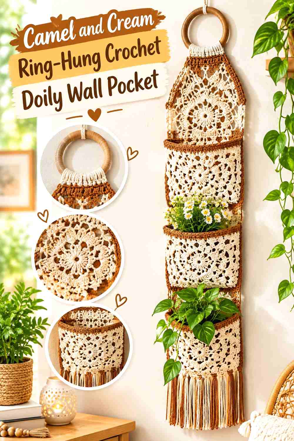 10. Camel And Cream Ring Hung Crochet Doily Wall Pocket