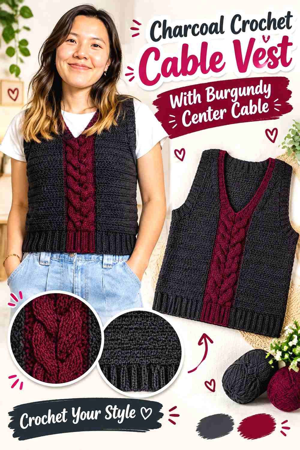 2. Charcoal Crochet Cable Vest With Burgundy Center Cable