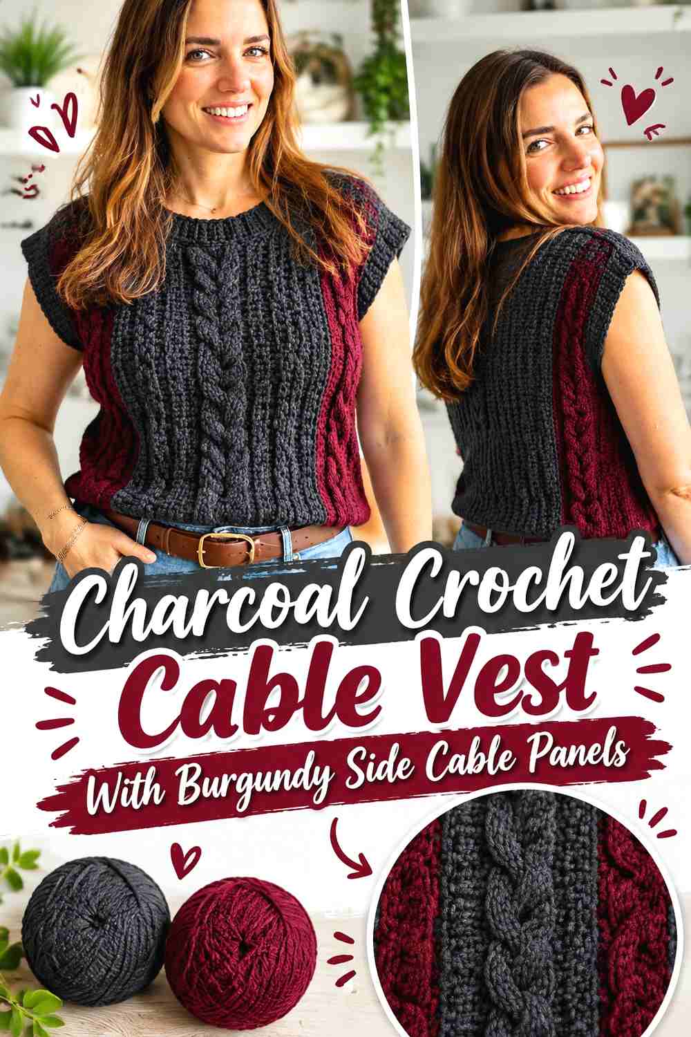 4. Charcoal Crochet Cable Vest With Burgundy Side Cable Panels