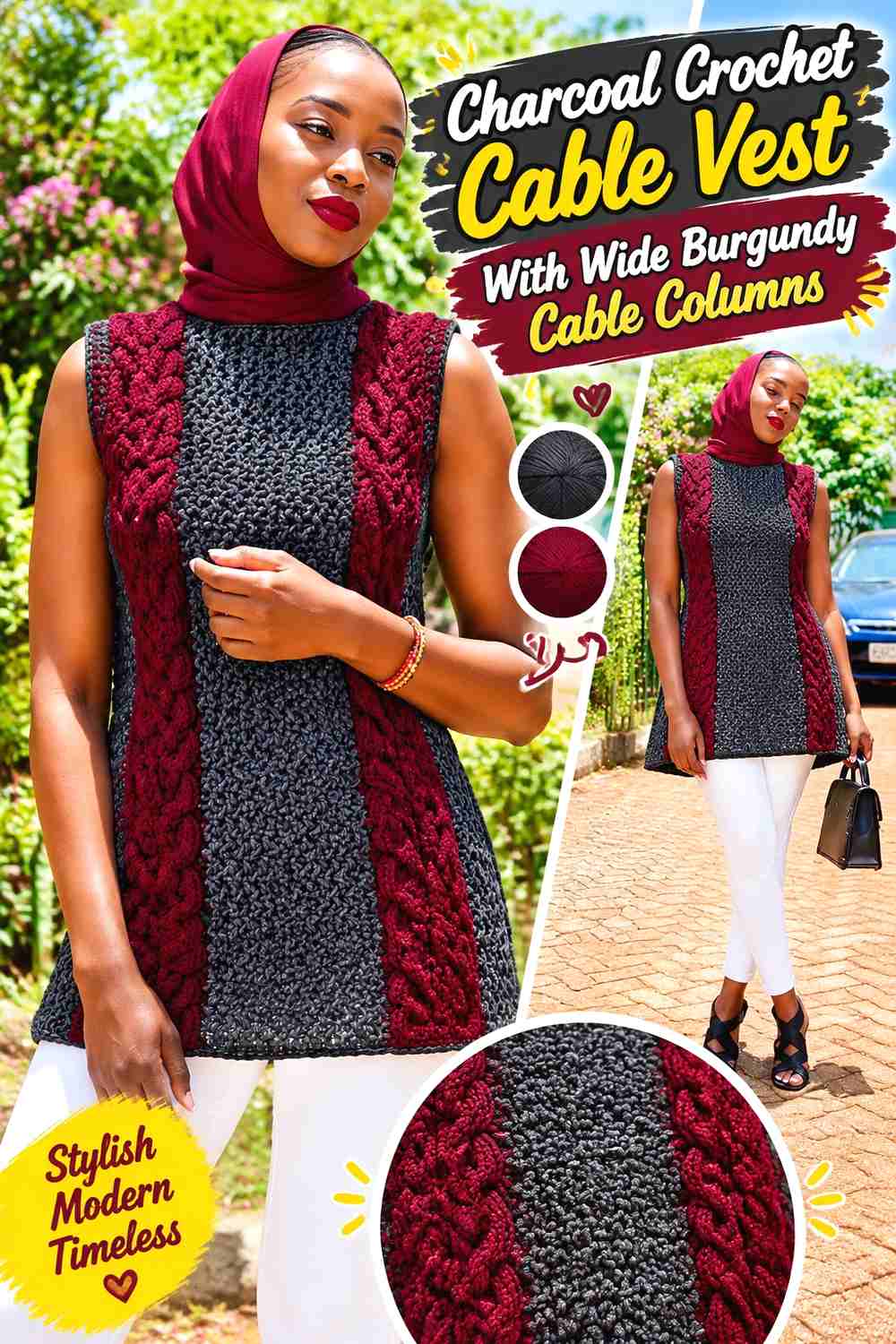 8. Charcoal Crochet Cable Vest With Wide Burgundy Cable Columns