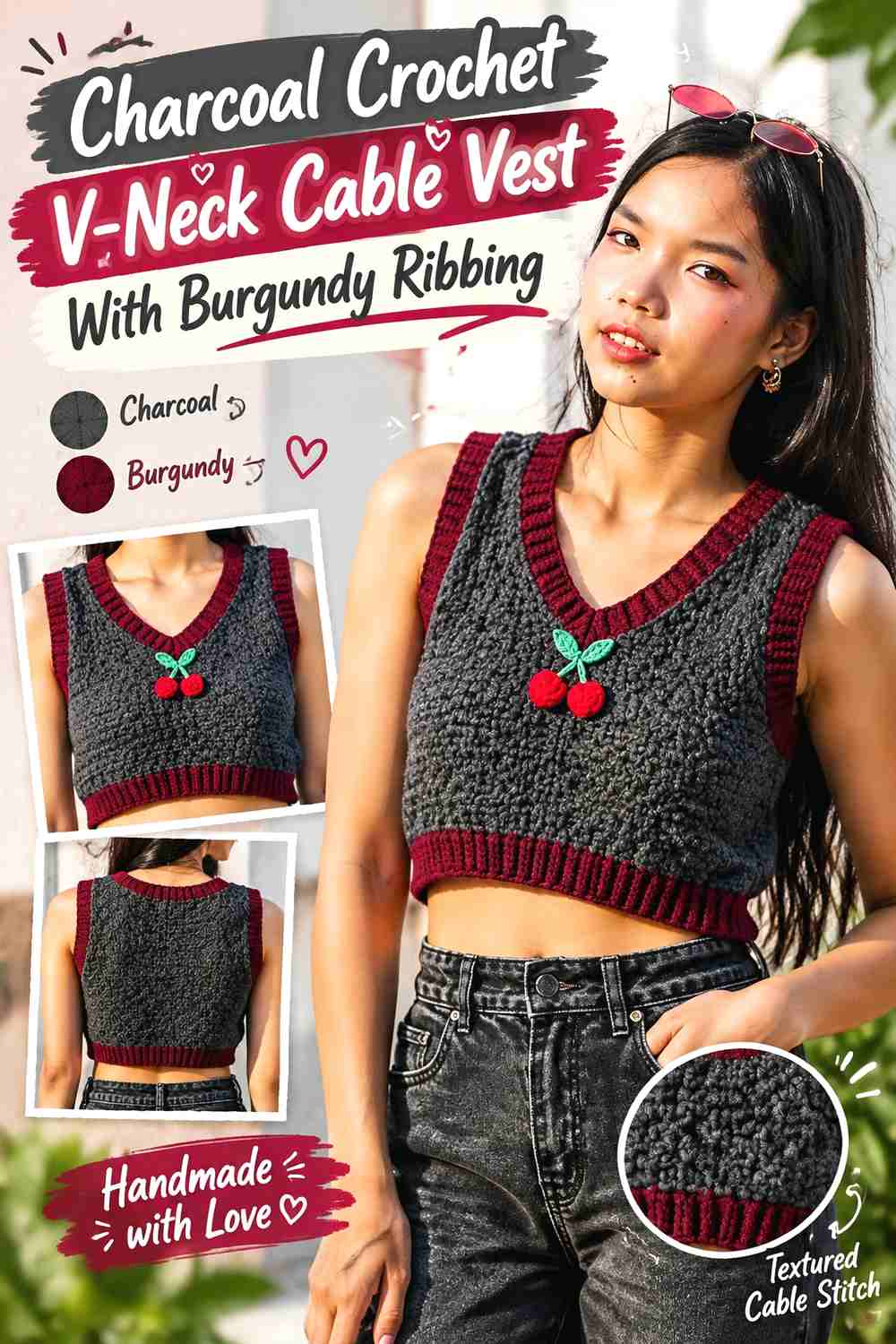6. Charcoal Crochet V-Neck Cable Vest With Burgundy Ribbing