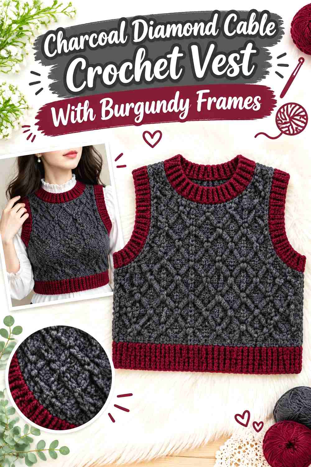 10. Charcoal Diamond Cable Crochet Vest With Burgundy Frames