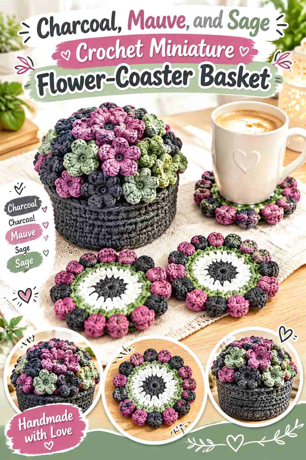 10. Charcoal Mauve And Sage Crochet Miniature Flower Coaster Basket
