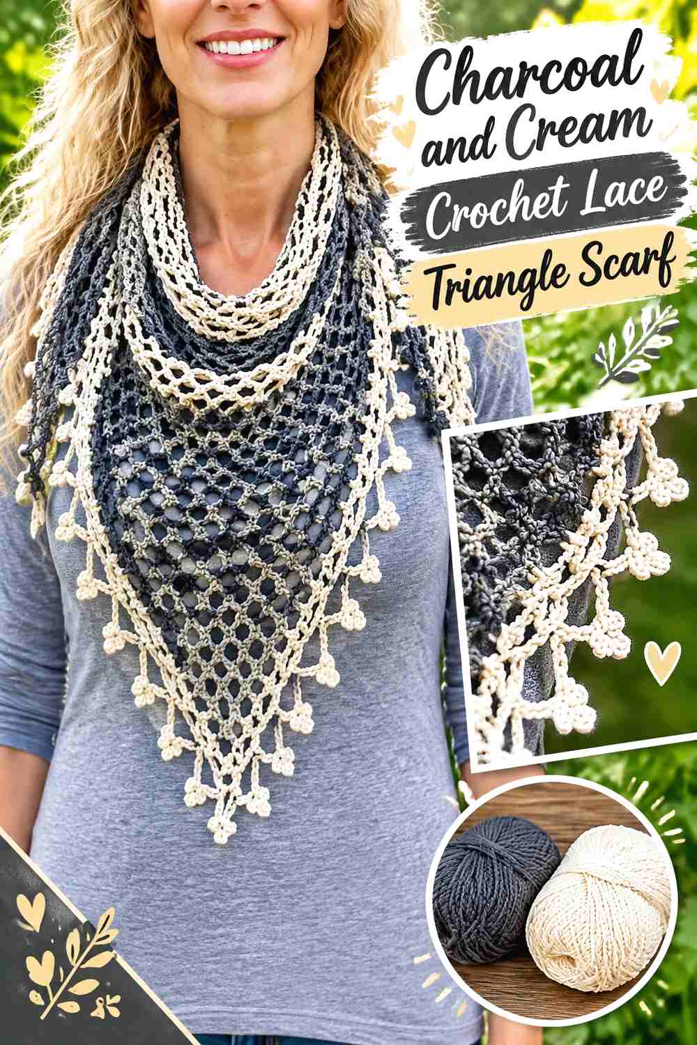 11. Charcoal And Cream Crochet Lace Triangle Scarf