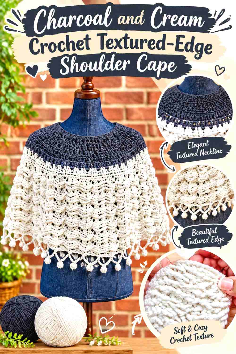 9. Charcoal And Cream Crochet Textured Edge Shoulder Cape