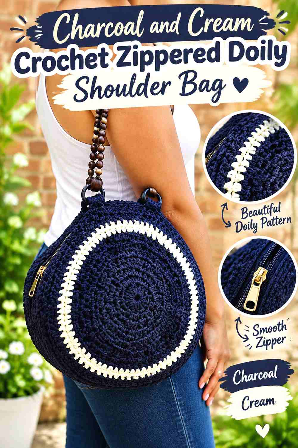 7. Charcoal And Cream Crochet Zippered Doily Shoulder Bag