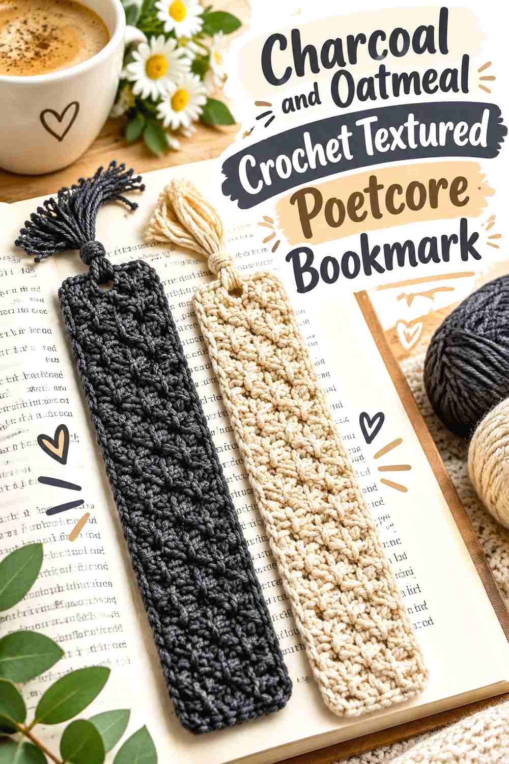 13. Charcoal And Oatmeal Crochet Textured Poetcore Bookmark