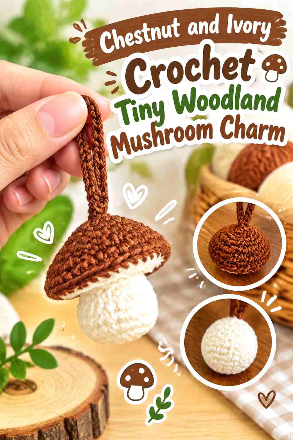 3. Chestnut And Ivory Crochet Tiny Woodland Mushroom Charm