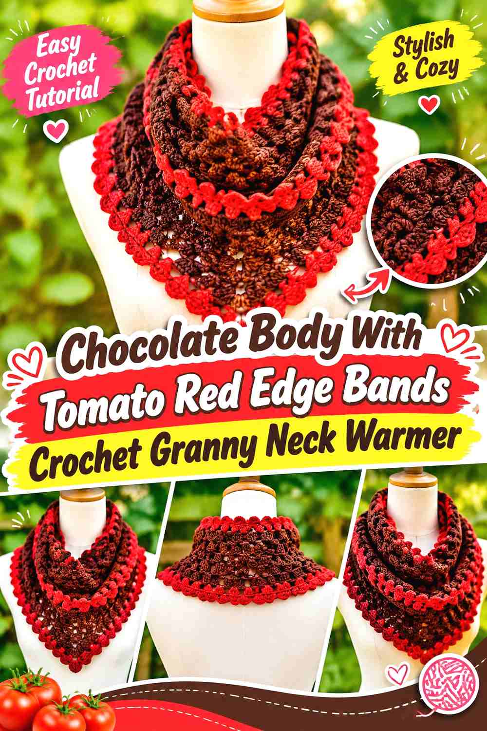 6. Chocolate Body With Tomato Red Edge Bands Crochet Granny Neck Warmer