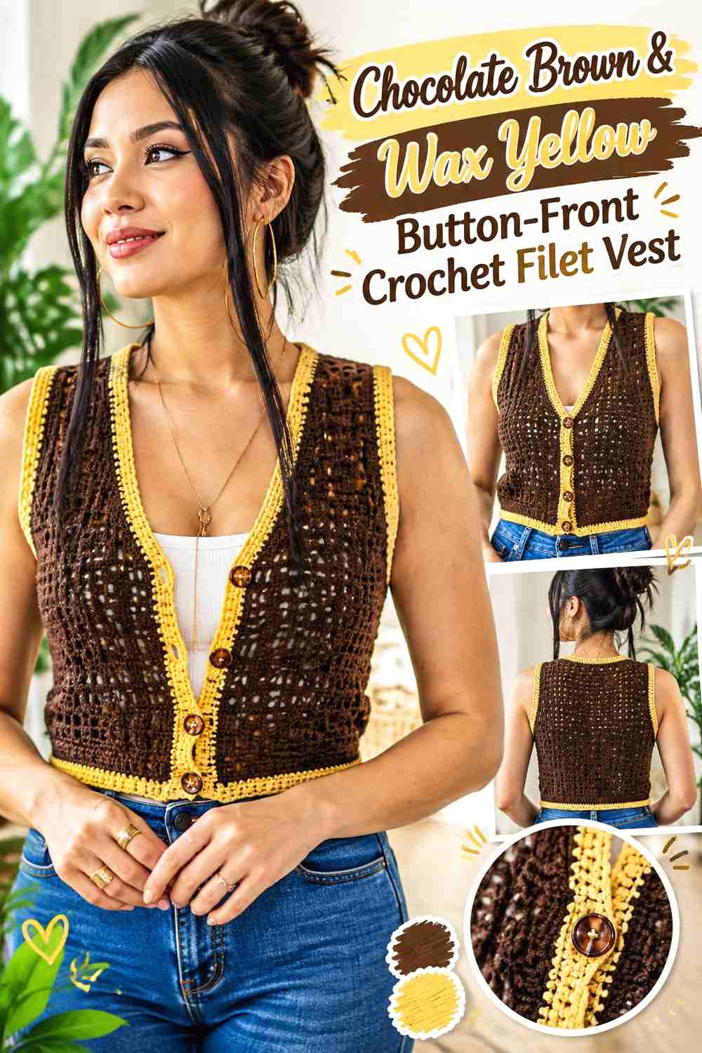 9. Chocolate Brown & Wax Yellow Button-Front Crochet Filet Vest