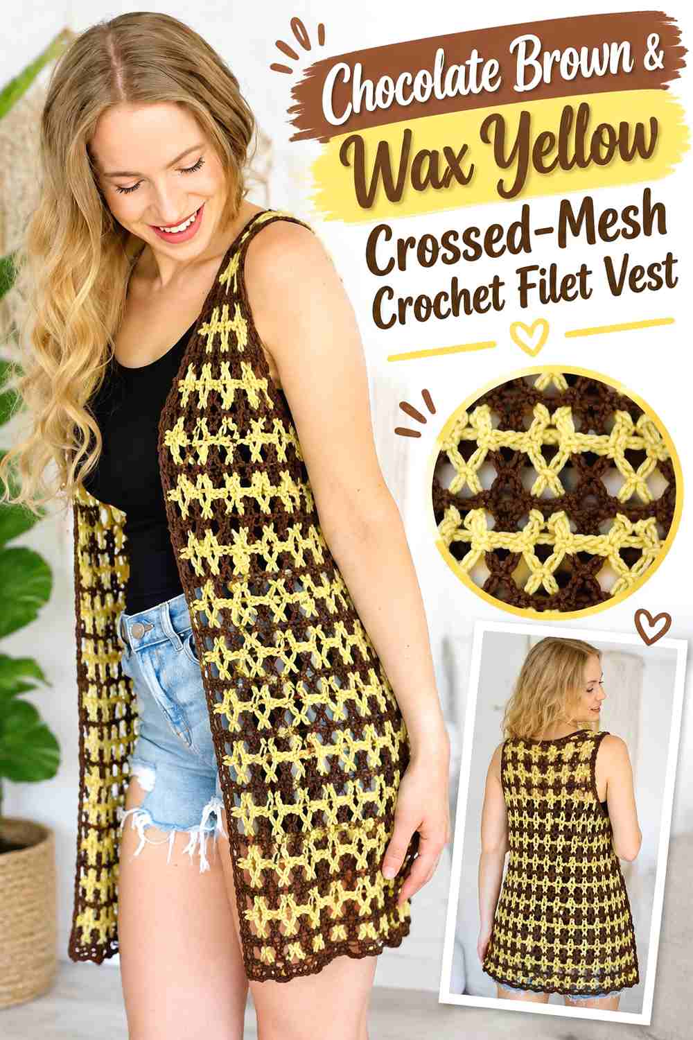 13. Chocolate Brown & Wax Yellow Crossed-Mesh Crochet Filet Vest