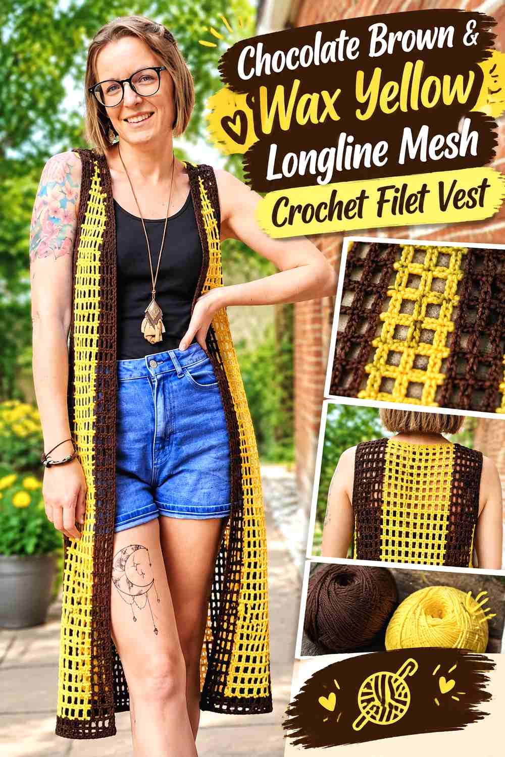 15. Chocolate Brown & Wax Yellow Longline Mesh Crochet Filet Vest
