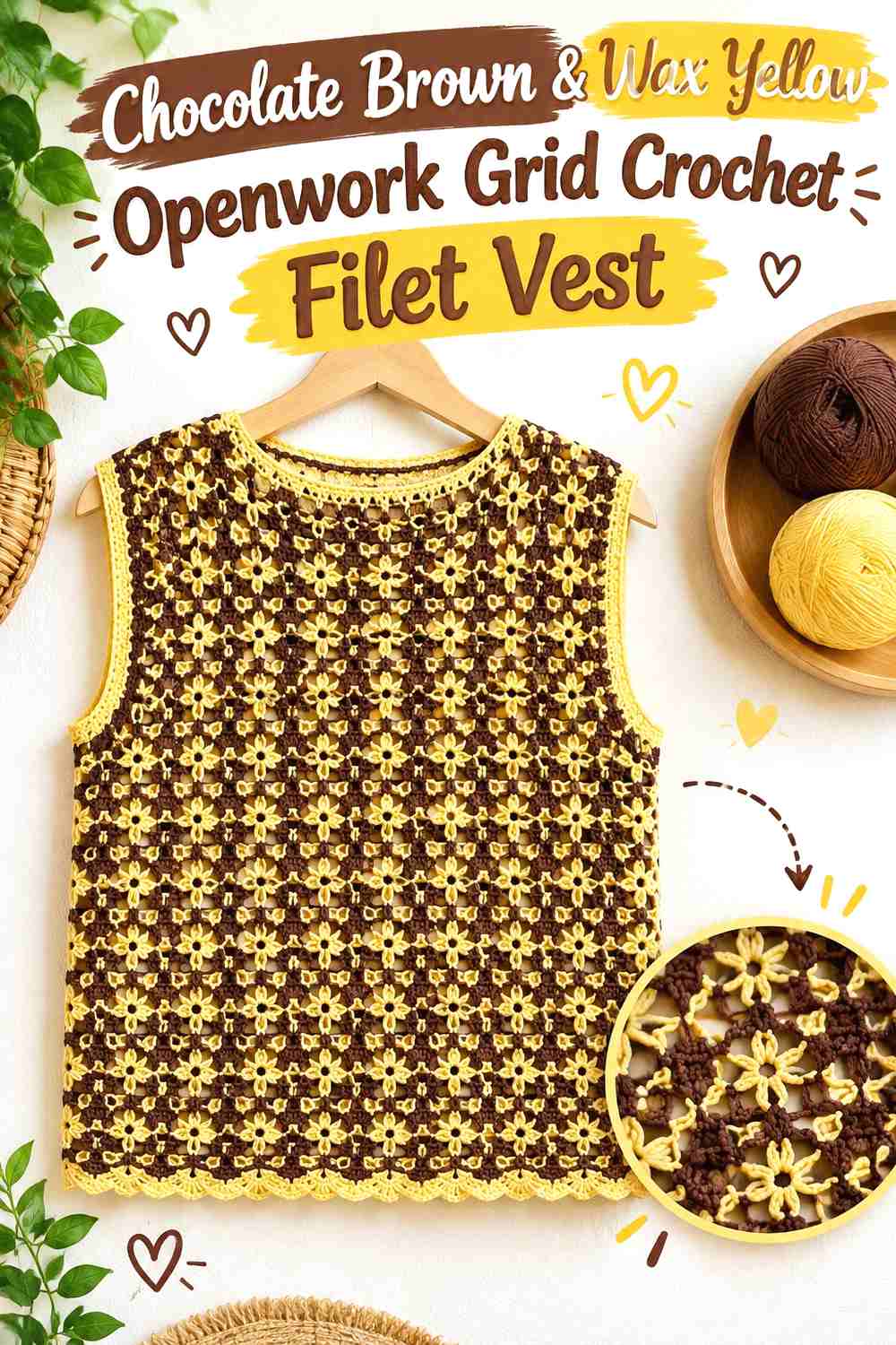3. Chocolate Brown & Wax Yellow Openwork Grid Crochet Filet Vest