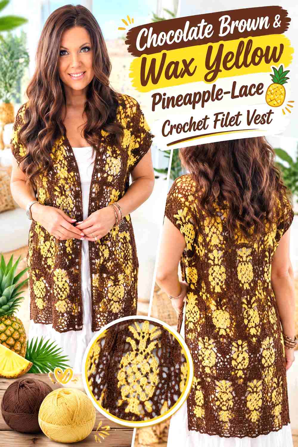 14. Chocolate Brown & Wax Yellow Pineapple-Lace Crochet Filet Vest
